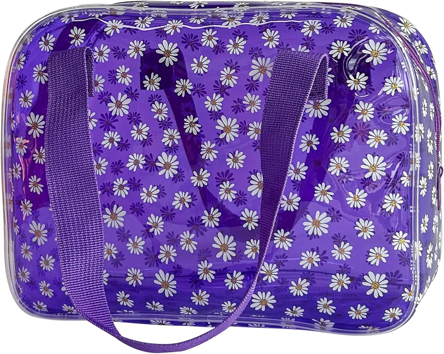 Большая прозрачная косметичка из ПВХ с узором ромашек Toteprint, Purple + Woven Handle