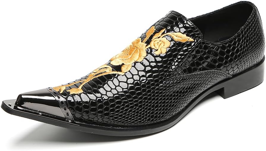 

Мужские туфли-оксфорды Dacnakby из лакированной кожи, без шнурков, с золотой цветочной вышивкой, узором под змеиную кожу и заостренным носком, для вечеринок, выпускного, свадьбы и официальных мероприятий