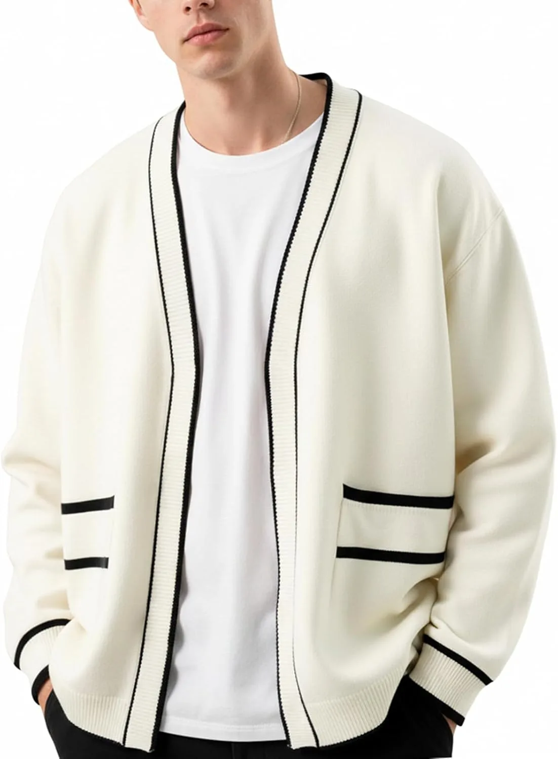 

Мужской кардиган с V-образным вырезом — длинные рукава, контрастная отделка и карманы yoomens