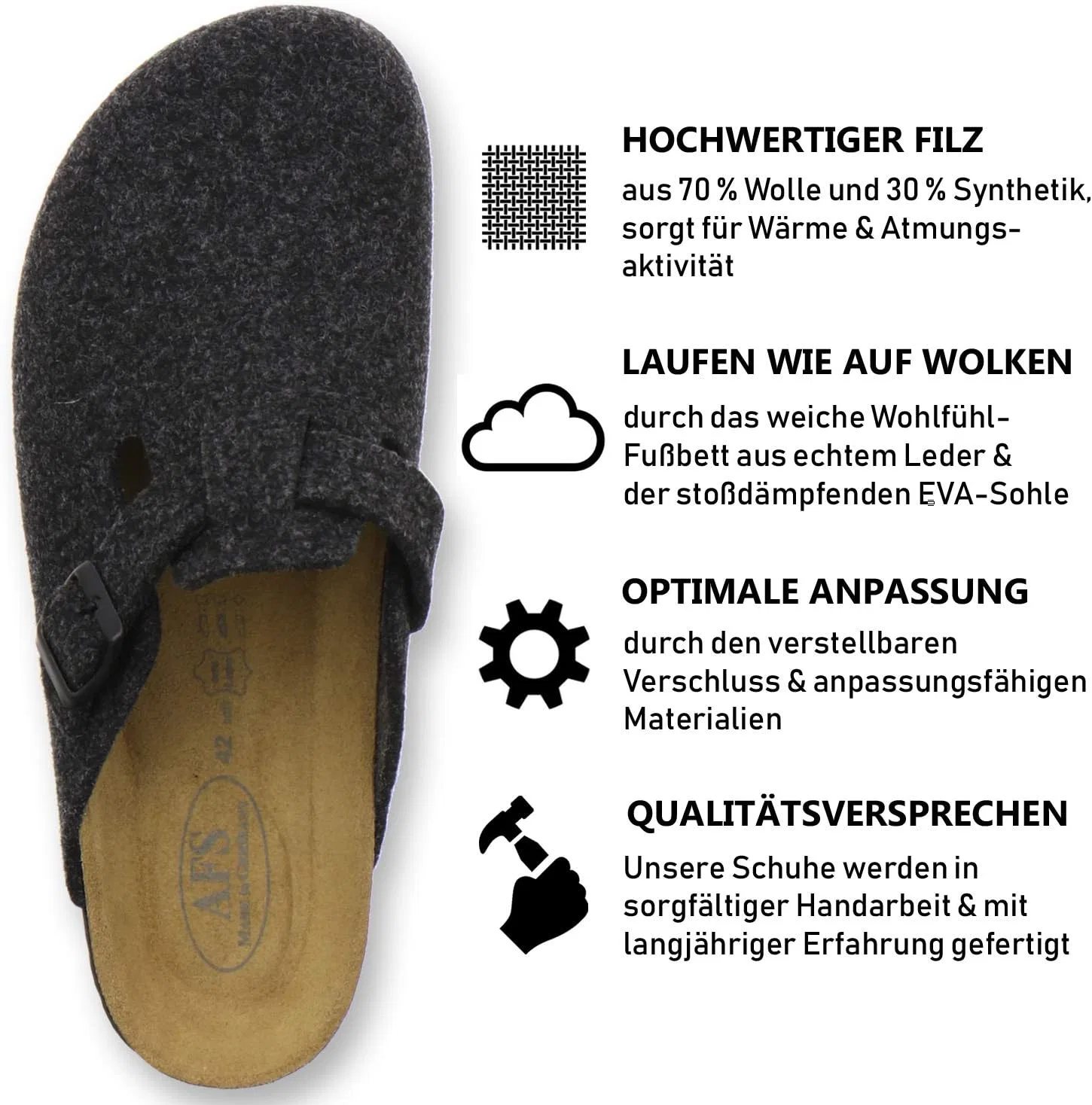 Мужские сабо AFS-Schuhe 36900, закрытые тапочки из фетра, удобные и теплые, произведены в Германии, Charcoal — фото 2