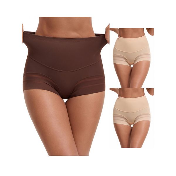 

3 пачки женских шорт-шейперов с высокой талией и эффектом контроля живота, сетчатое белье в полоску Inspire Chic, Beige Coffee