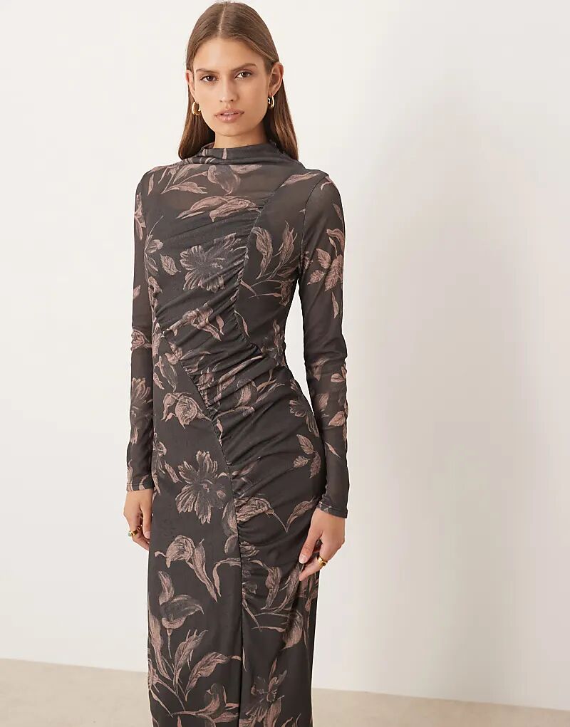 

Платье миди ASOS DESIGN с длинными рукавами, драпировкой, сборками спереди и темным принтом