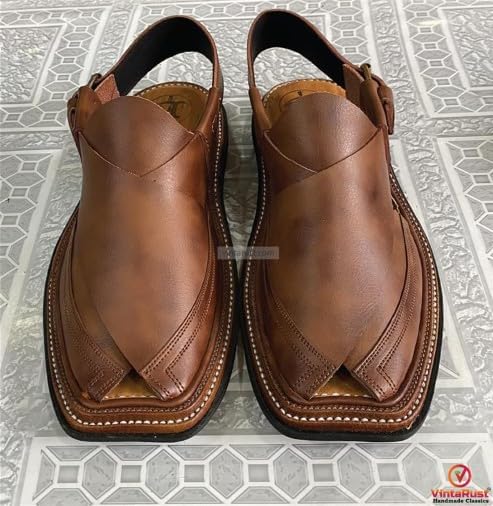 Кожаные сандалии ручной работы Kaptaan Peshawari Chappal, традиционные сандалии из натуральной кожи, удобные мужские кожаные сандалии Generic, коричневый — фото 2
