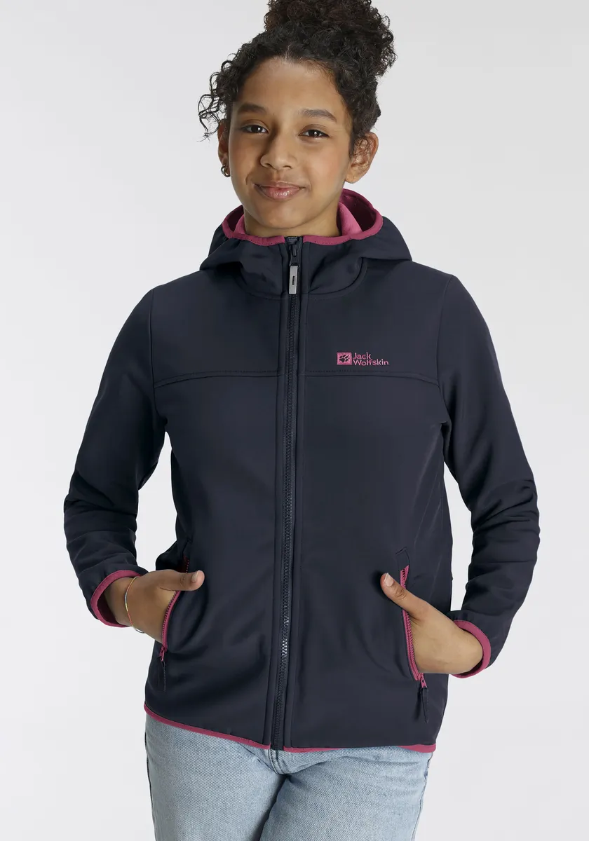 

Куртка из софтшелла Jack Wolfskin "FOURWINDS JACKET KIDS", с капюшоном, с контрастными деталями, синий