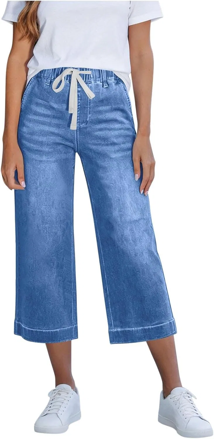 Джинсы с завязкой на высокой талии Capri, Light Blue