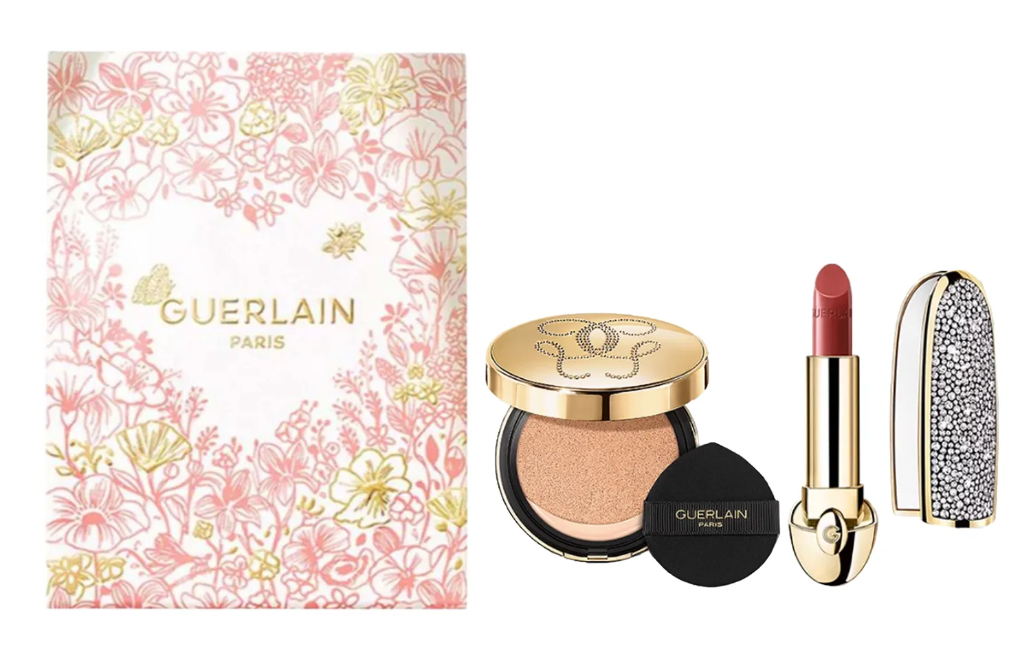 GUERLAIN Набор для макияжа с кушоном и помадой Queen Crown Shell, Three-Piece Set: Radiant Gemstone Satin Lipstick #03+Diamond Crown Case+Golden Diamond Refining Cushion Liquid Foundation #00N