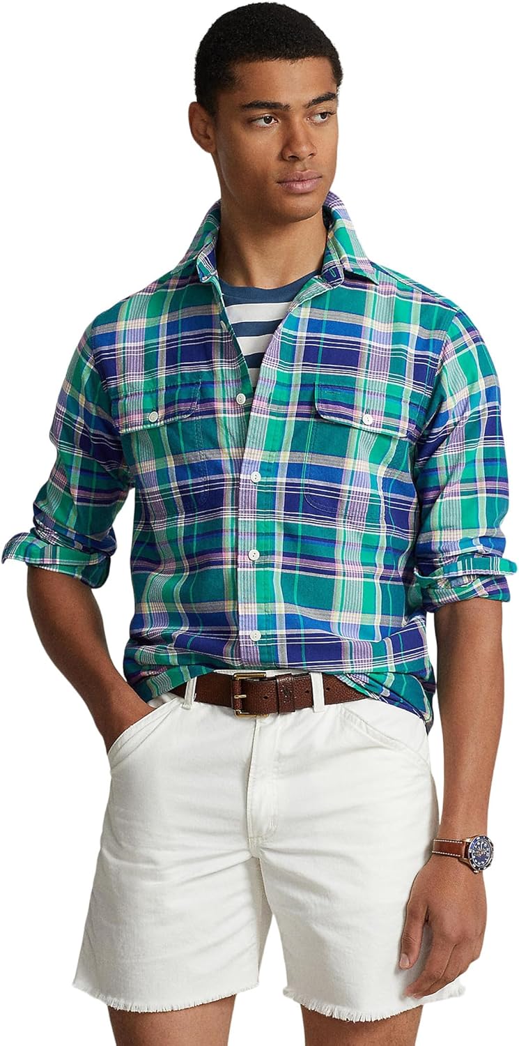 

POLO RALPH LAUREN Мужская классическая клетчатая оксфордская рабочая рубашка с длинным рукавом, Green/Navy Multi