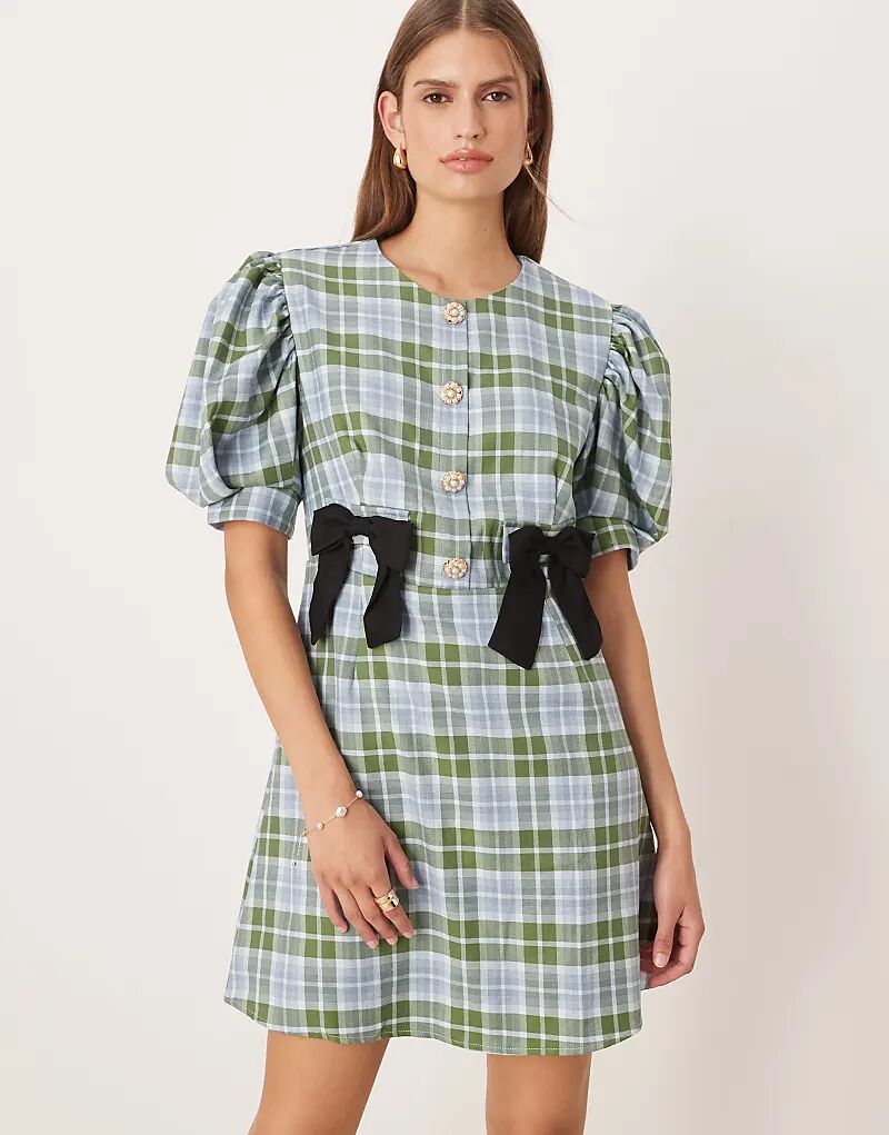 

Мини-платье Sister Jane, приталенное, с рукавами-фонариками и бантом, в сине-зеленую клетку