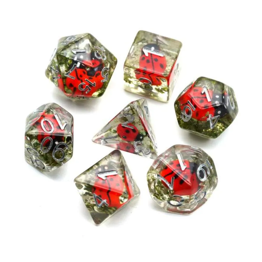 

Набор Poly — красная божья коровка с серебром (7), Dice Sets - Resin/Acrylic - Red, Orange, Yellow, & Pink (Foam Brain Games)