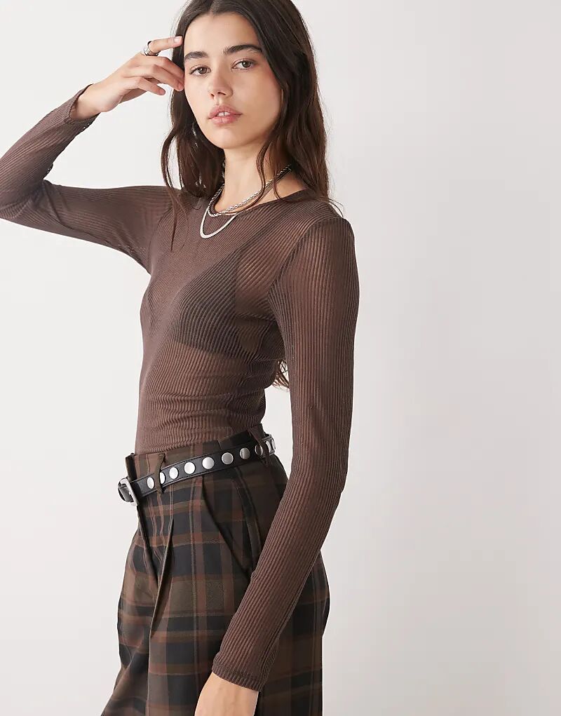 

Длинный прозрачный топ Monki в рубчик, цвет темно-шоколадно-коричневый