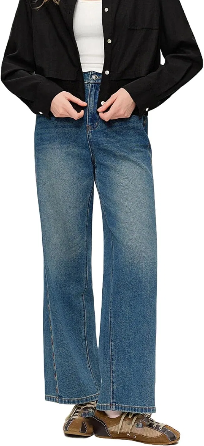 Джинсы прямые с цветовой блокировкой, вышивкой, Short-blue
