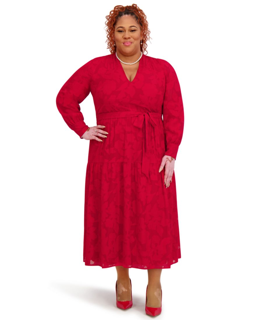 

Женское мягкое многослойное платье миди с V-образным вырезом Kasper, Crimson