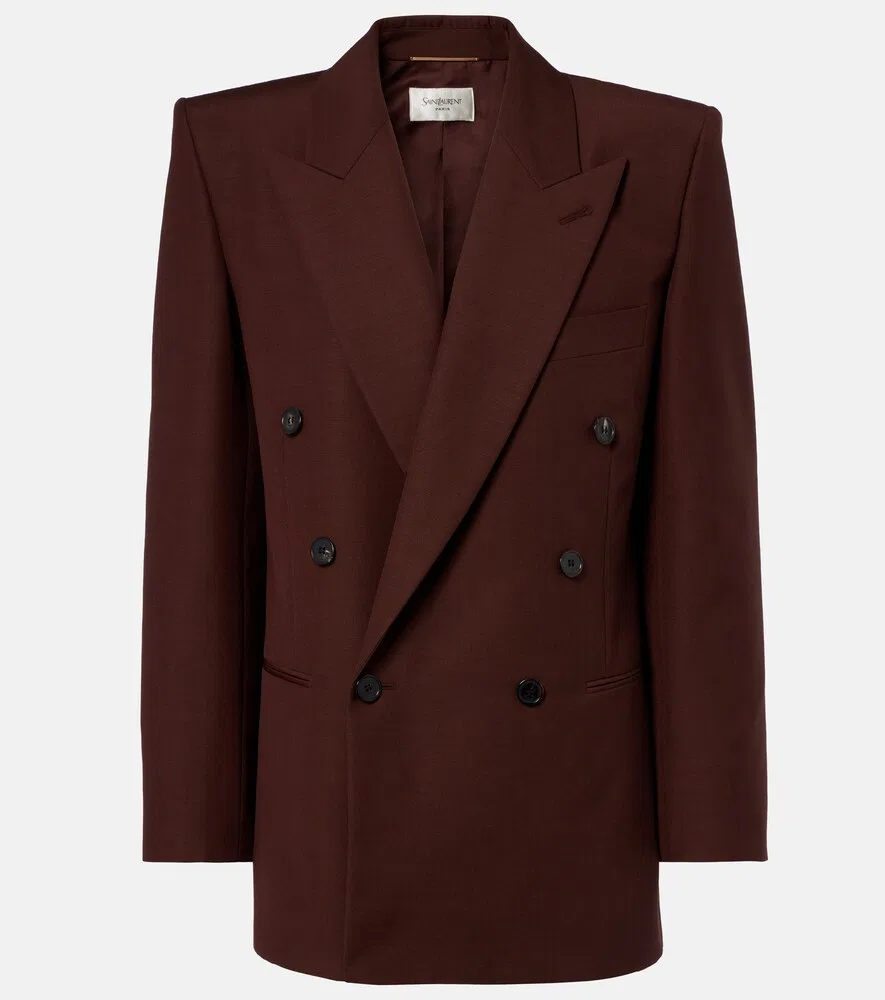 Двубортный пиджак из шерсти и мохера Saint Laurent, коричневый