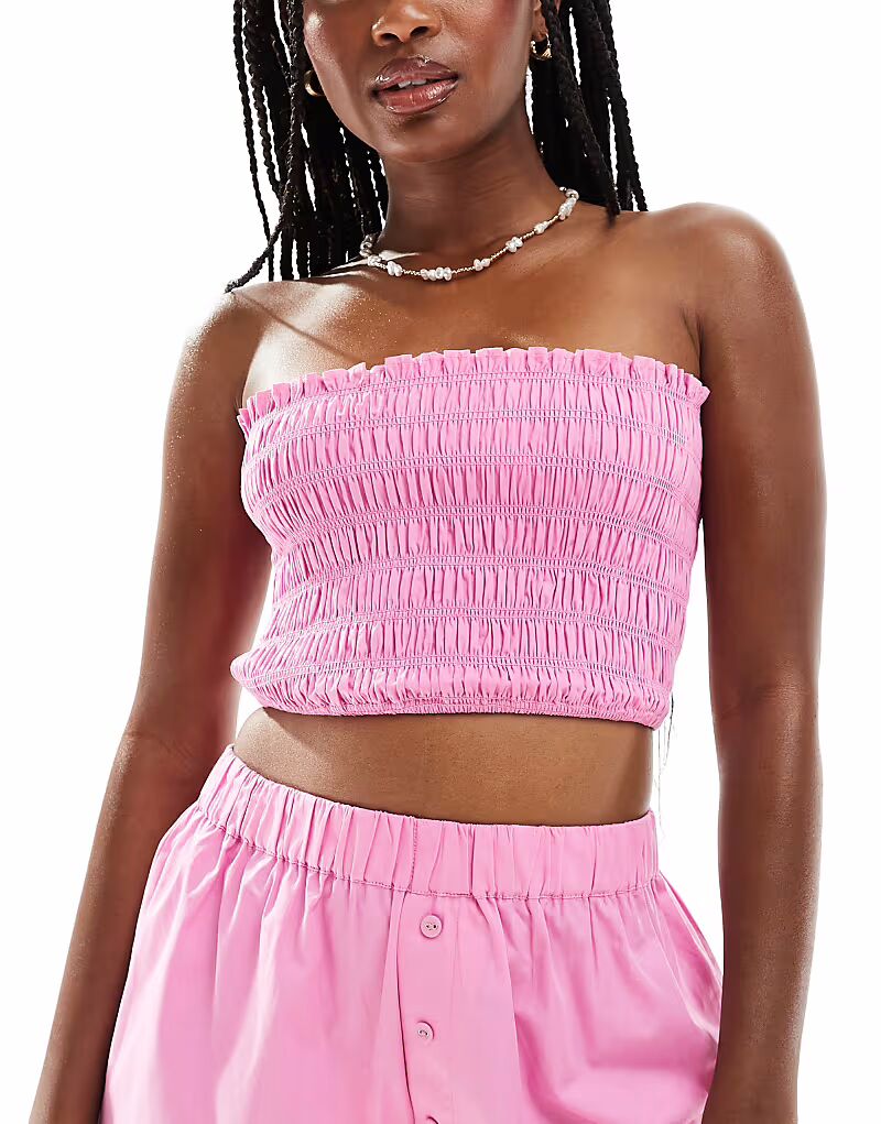 

Пляжный топ-бандо из хлопка ASOS DESIGN Kaye ярко-розового цвета со сборками