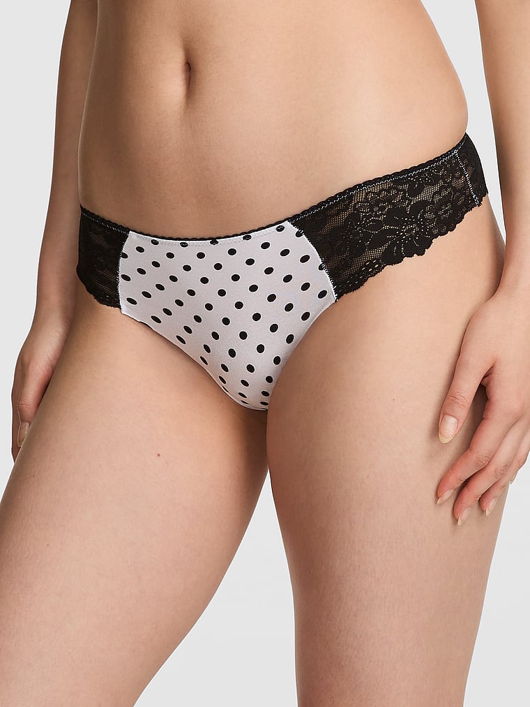 

Трусики-Стринги No-Show Pink, lace-trim black & white polka dot
