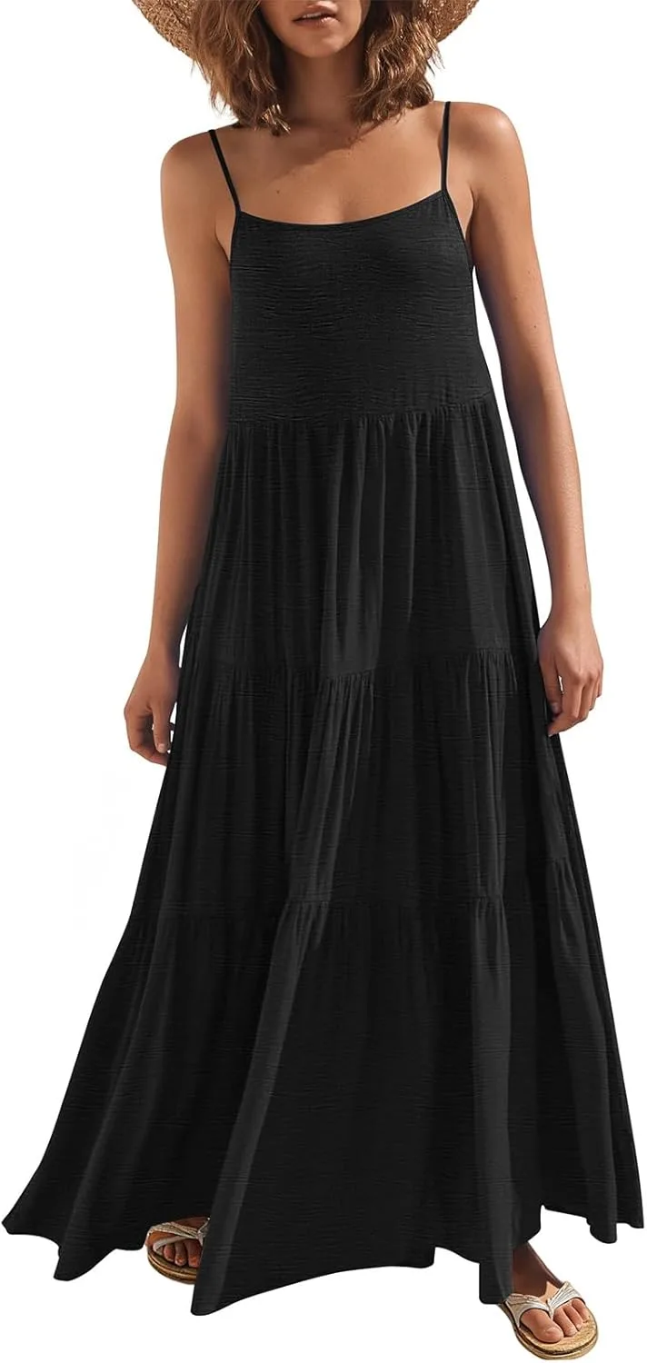 Женское платье 2026 Летнее повседневное без рукавов, на тонких бретелях, длинное платье в стиле бохо, струящееся, многоярусное, для пляжа и отдыха Generic, черный