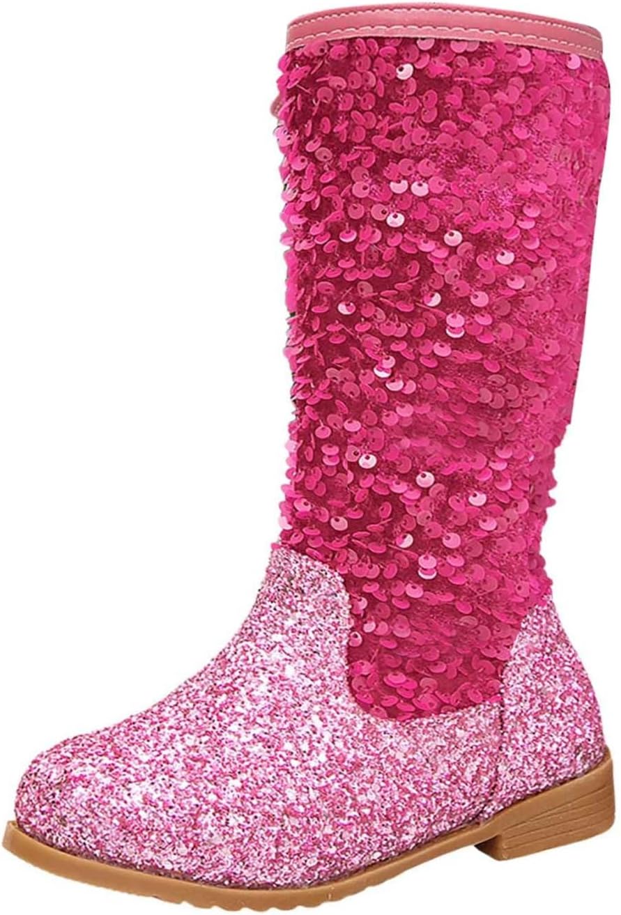 

Детские сапоги для девочек, средней высоты, с округлым носком, с блестками, вестерн, для малышей и детей постарше, для нарядов, праздников, дня рождения и танцев Generic, Hot Pink