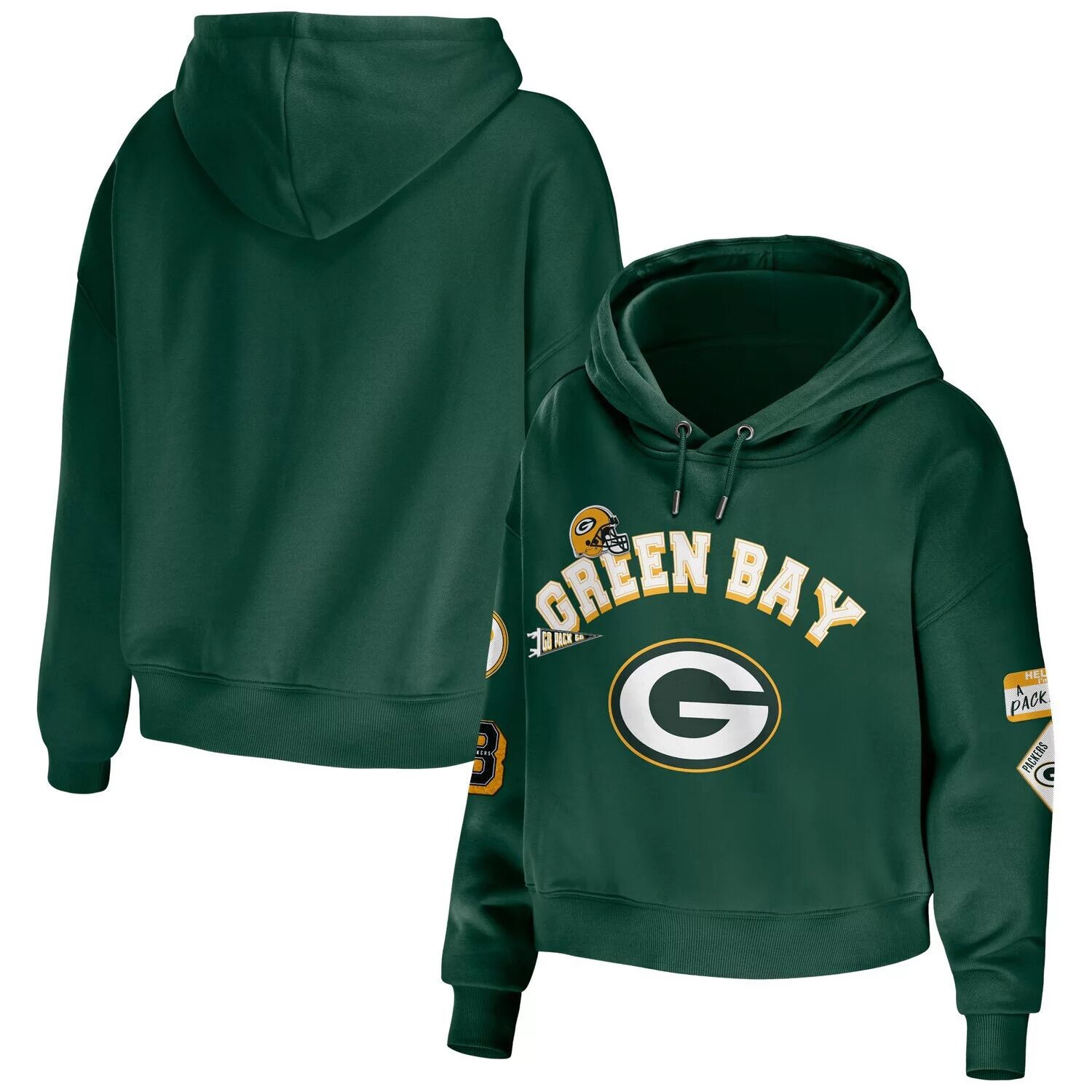 

Женская одежда Erin Andrews Green Green Bay Packers Скромный укороченный пуловер с капюшоном