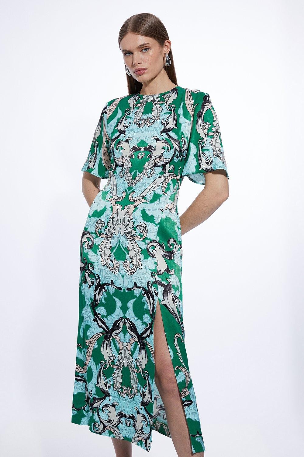 

Зеркальное вискозное платье миди с короткими рукавами Baroque Karen Millen, зеленый