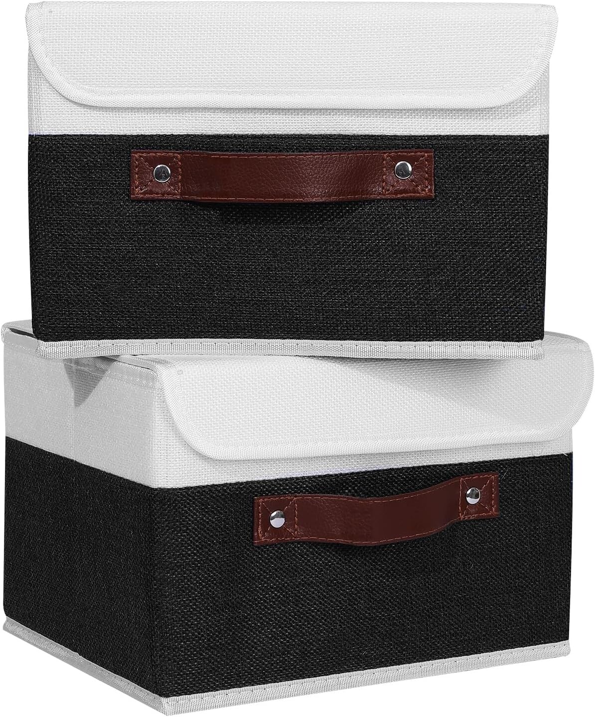 

ANMINY 2PCS Коробки для хранения с крышкой Моющиеся декоративные контейнеры для хранения Корзина с ручкой из искусственной кожи Складные кубики для хранения из льняной ткани Контейнеры для домашнего органайзера для шкафа - черный, Black White