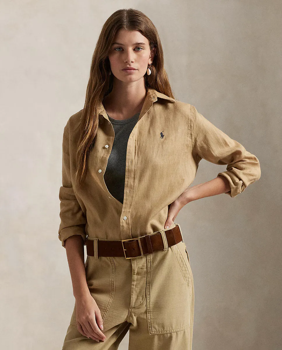

Женская льняная рубашка с длинными рукавами Polo Ralph Lauren, коричневый