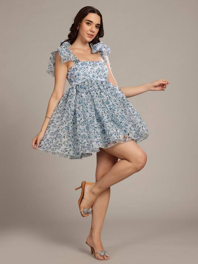 

Платье мини Antalya без рукавов с бантом на плече из органзы Lace & Beads, Blue/White