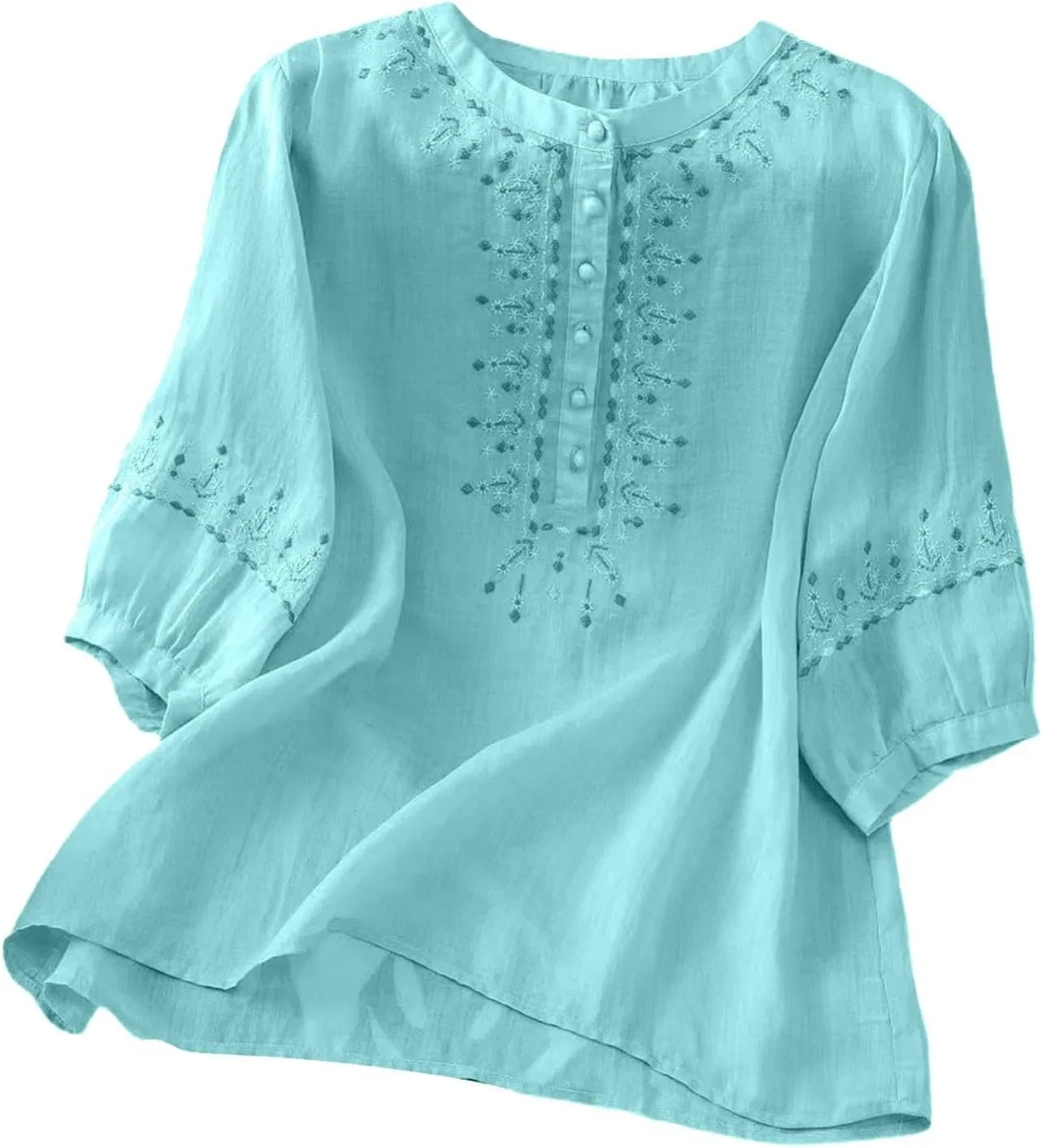 Женский костюм из льна с вышивкой, бренд Generic, Sky Blue-b — фото 2