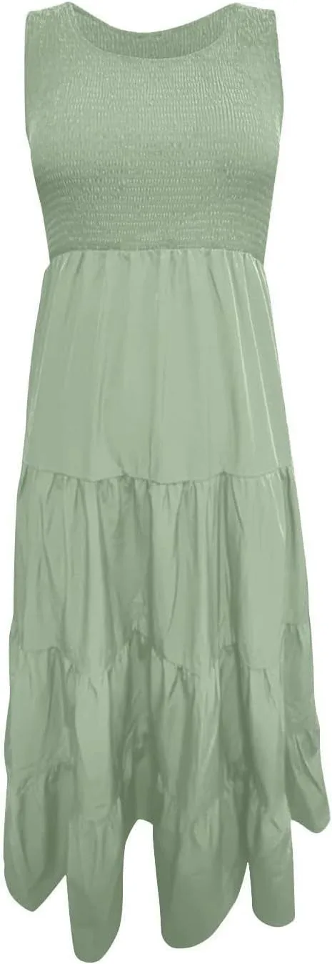 Женское летнее макси-платье Casual Boho без рукавов с майкой и круглым вырезом, плиссированное длинное платье с ярусами и рюшами для пляжа Generic, зеленый — фото 3