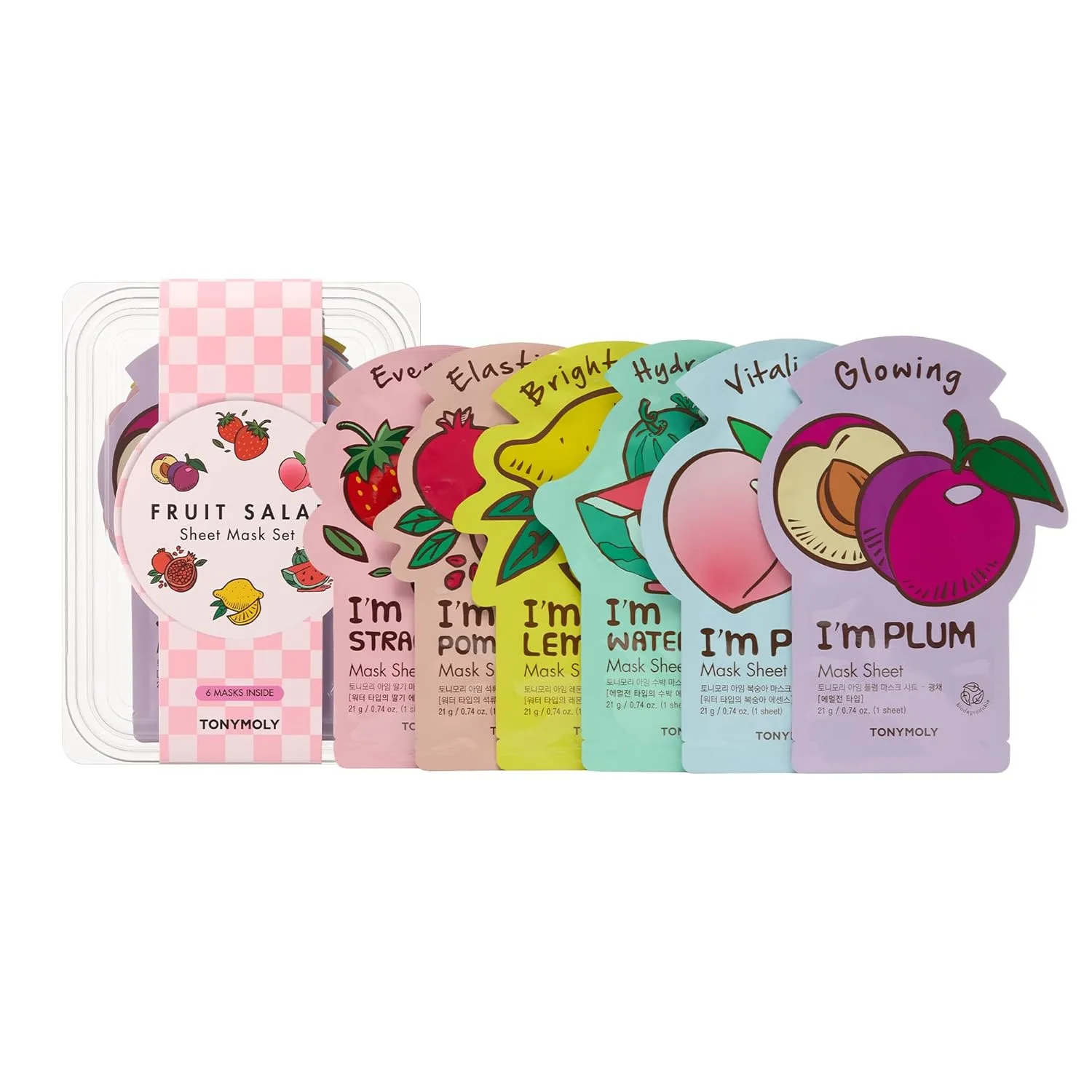 Набор TONYMOLY — Fruit Salad Sheet Mask Set - 6 увлажняющих и осветляющих корейских тканевых масок с витамином C и фруктовыми экстрактами для — фото 2