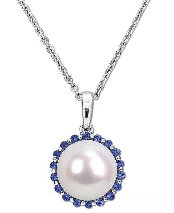 

Ожерелье с подвеской 18 дюймов из стерлингового серебра с культивированным пресноводным жемчугом (8 мм) и сапфиром (1/3 карата) Macy'S, blue