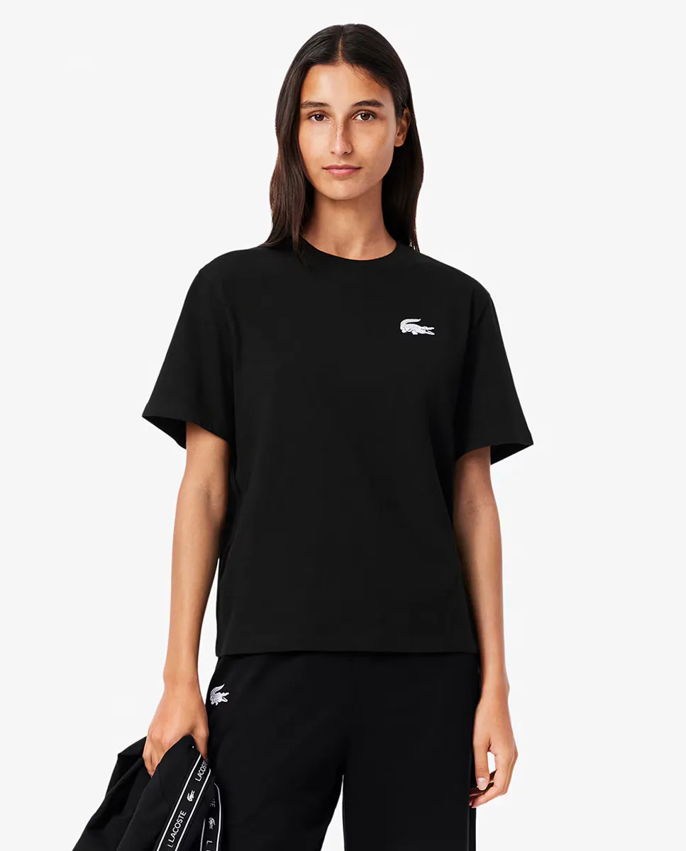 

Хлопковая футболка для отдыха с принтом под крокодила Lacoste, черный