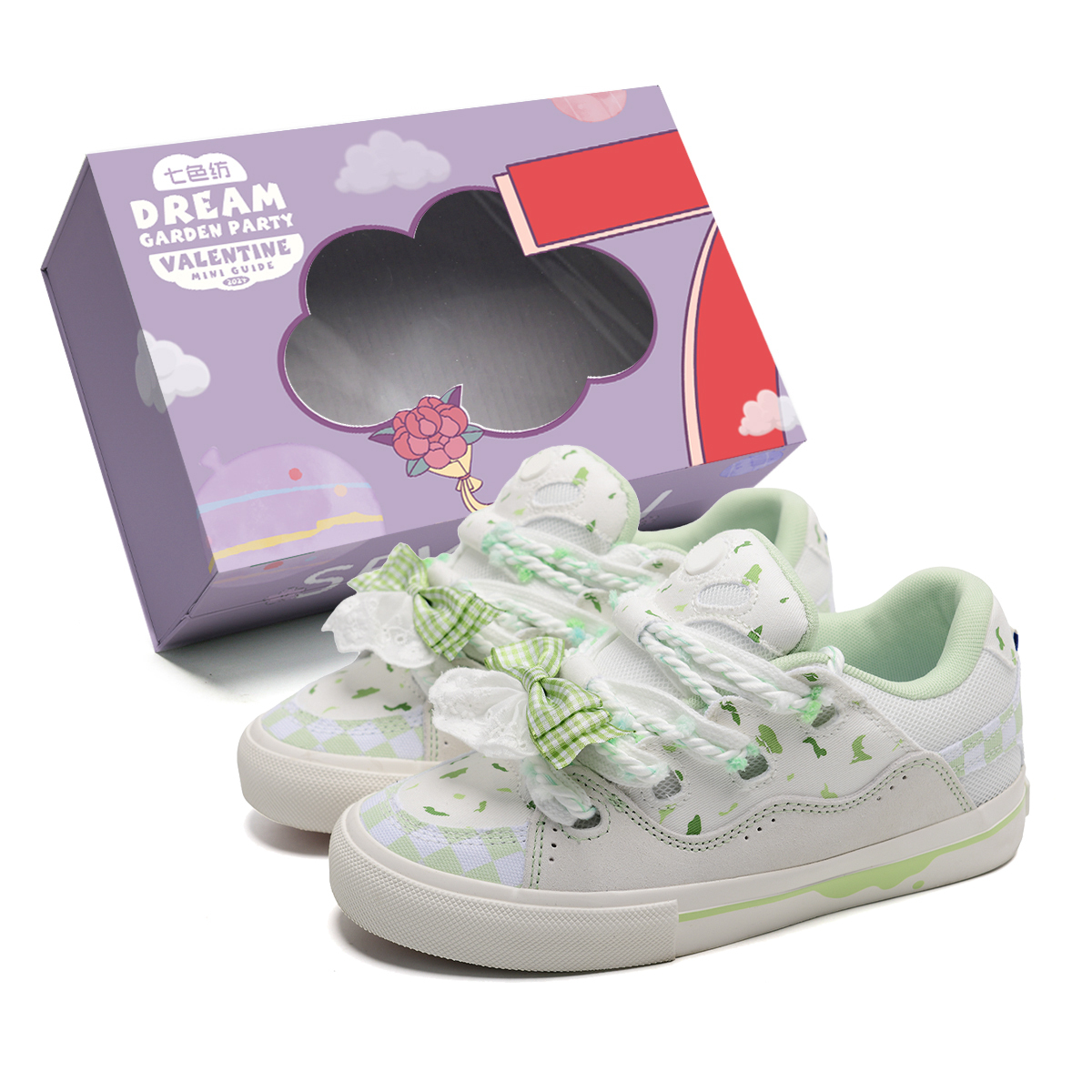 

Кроссовки для скейтбординга Unisex низкие на платформе, легкие, устойчивые к истиранию 7 SEVFUN, зеленый bowknot