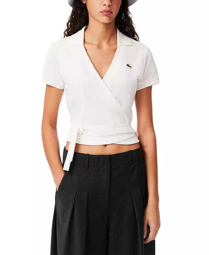 

Женская блуза с воротником и короткими рукавами на запах LACOSTE USA, коричневый/бежевый