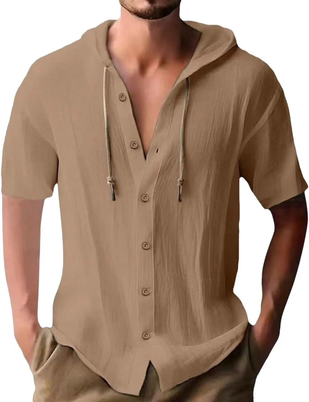 

Мужская хлопковая льняная рубашка с капюшоном и коротким рукавом Lingt Chic