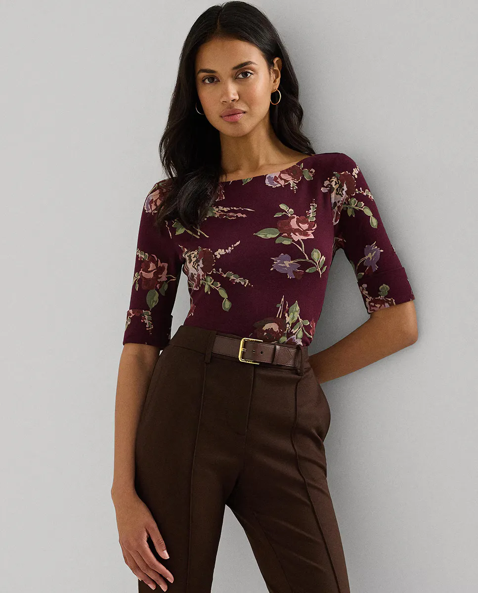 

Женская хлопковая футболка с цветочным принтом Lauren Ralph Lauren, цвет Granate