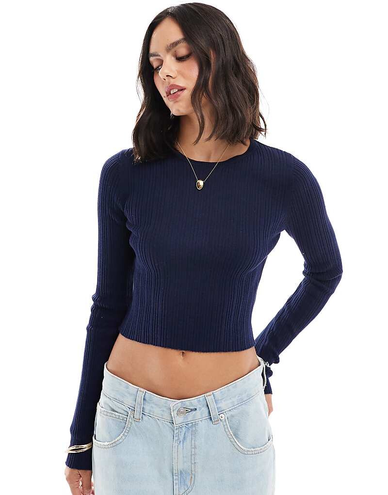 

ASOS DESIGN – Темно-синий вязаный топ с круглым вырезом с длинными рукавами