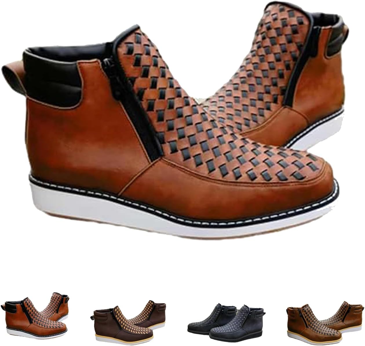 

Мужские ковбойские сапоги ручной работы в стиле вестерн, с квадратным носком, из кожи, сплетенной вручную, с двойной боковой молнией Generic, коричневый