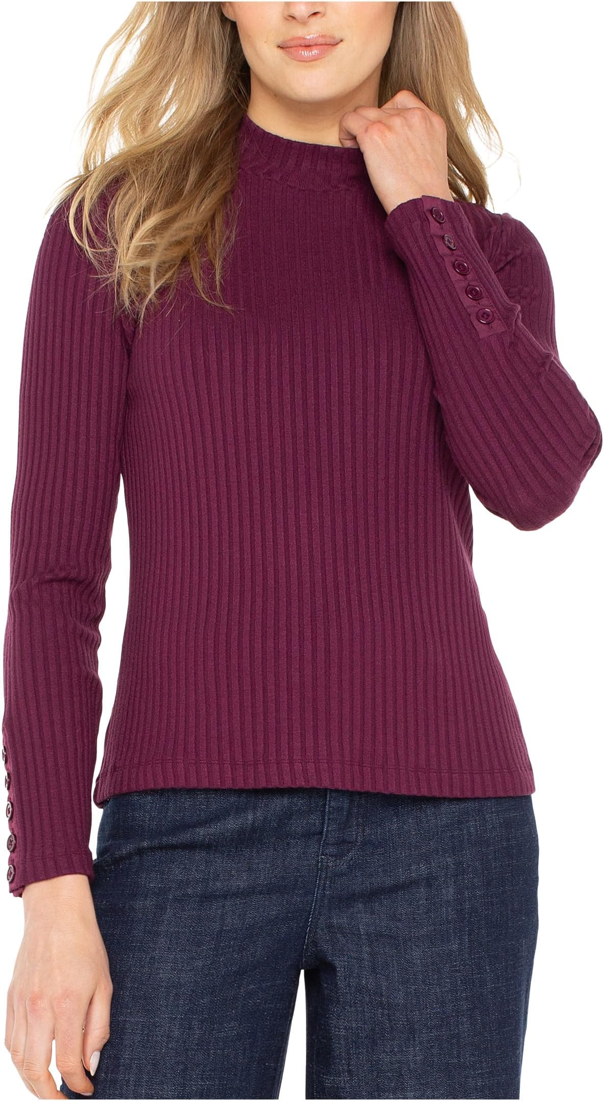 

Женский трикотажный топ с длинными рукавами, воротником-стойкой и пуговицами Liverpool Los Angeles, Wine Berry