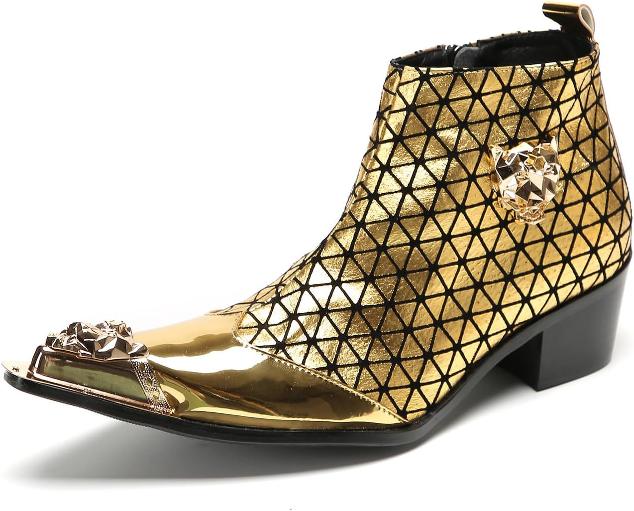 

Мужские повседневные кожаные ботинки Santimon Chelsea на щиколотку - западные ковбойские ботинки с металлическим заостренным носком, украшением в виде головы тигра и геометрическим узором для вечеринок и диско, золотой
