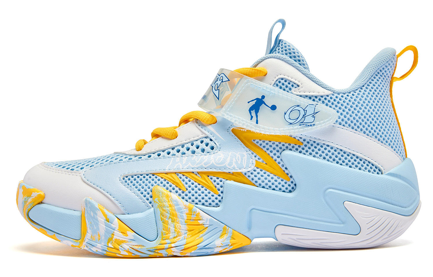 

QIAODAN Амортизирующие устойчивые к истиранию дышащие баскетбольные кроссовки mid top для детей light blue