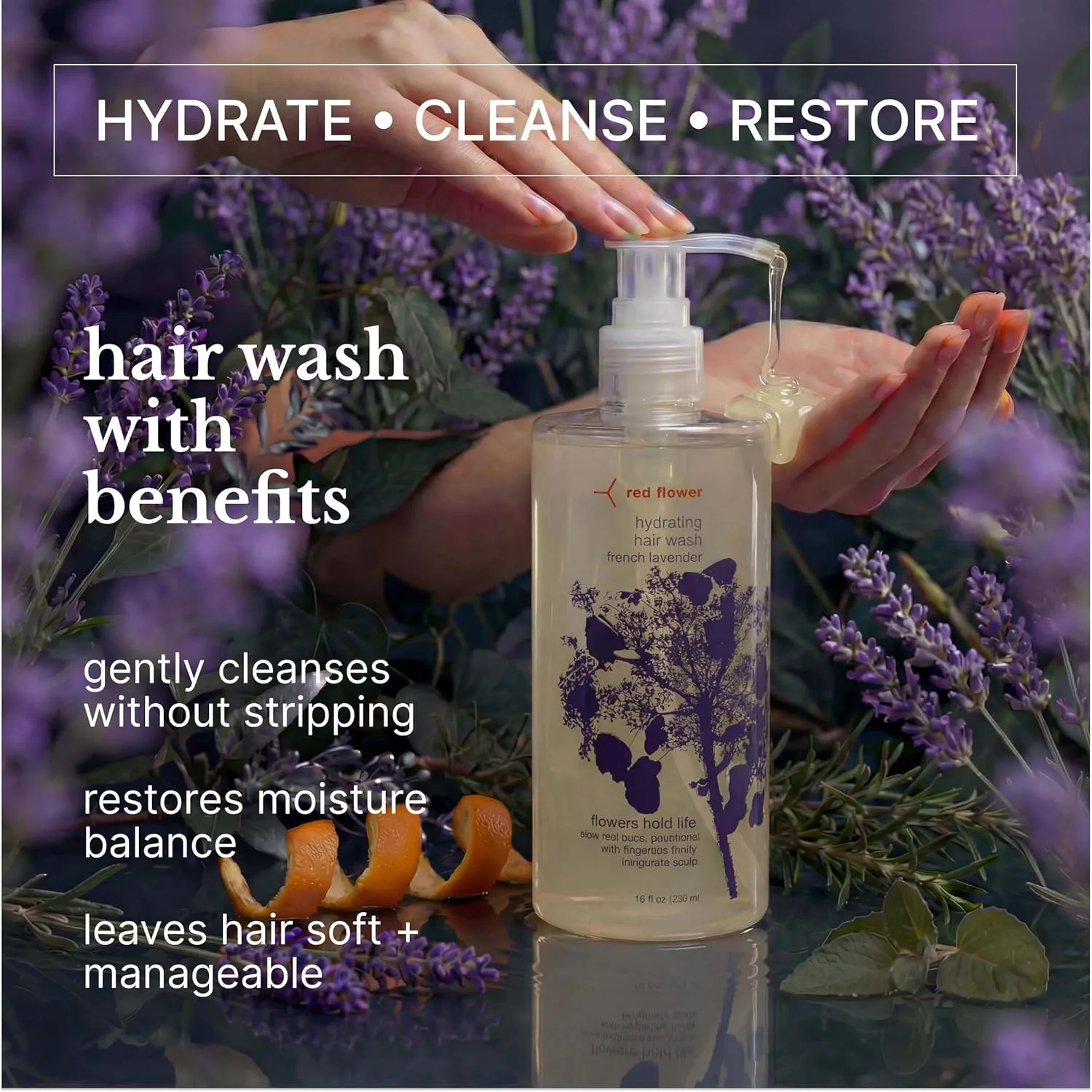 Шампунь Red Flower French Lavender для увлажнения волос - без сульфатов, с кокосовым глицерином и провитамином B5, ароматерапевтическая смесь эфирных масел для всех типов волос (283 г), red — фото 3