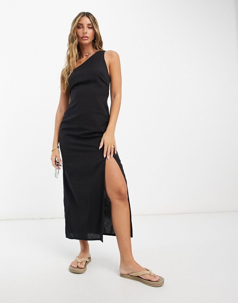 

Черный льняной сарафан миди на одно плечо с разрезом на бедрах ASOS DESIGN