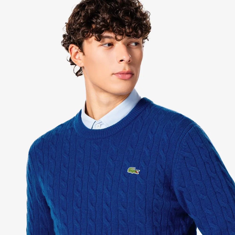 Мужской синий свитер с круглым вырезом и кабельной вязкой от Lacoste — фото 3