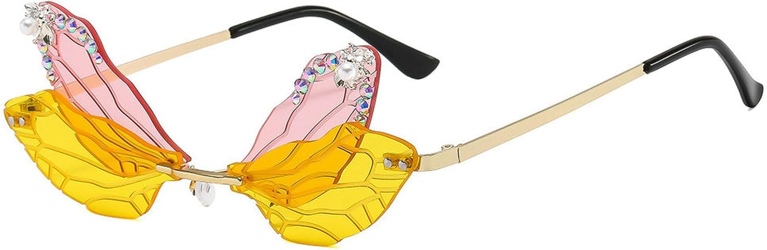 

Солнцезащитные очки COTIA Dragonfly Wing для женщин, без оправы, асимметричной формы, модные, с блестками и бриллиантами, для вечеринки, Хэллоуина, костюма, Pink Yellow