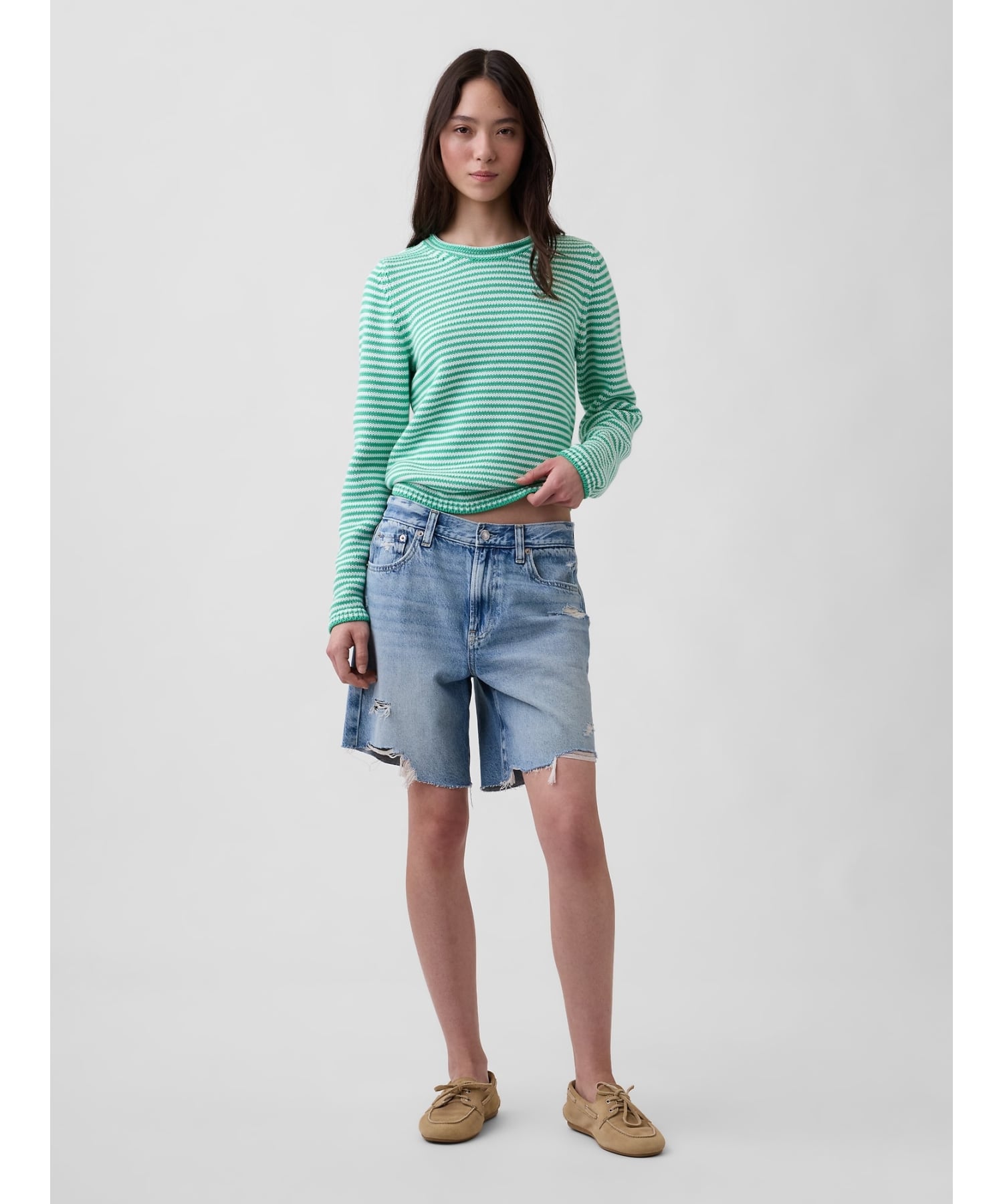(W) Свитер с высоким воротником из 100% хлопка GAP, GREEN_STRIPE