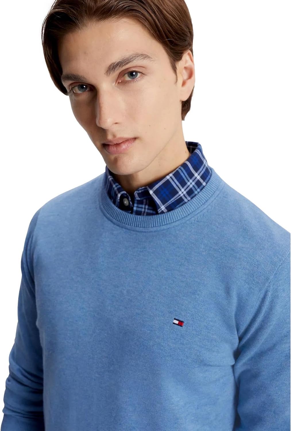 Мужской фирменный однотонный свитер с круглым вырезом TOMMY HILFIGER из коллекции 2025 года, Denim Blue Heather. — фото 3