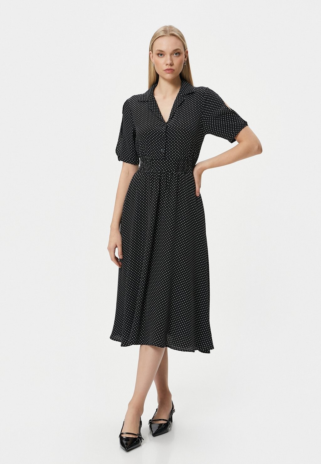 

Платье-рубашка Puff Sleeve Buttoned Polka Dotted Midi Koton, черное