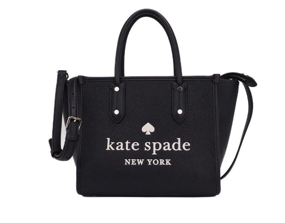 

Сумка-тоут Ella Small из черной шагреневой кожи с белым логотипом Kate Spade