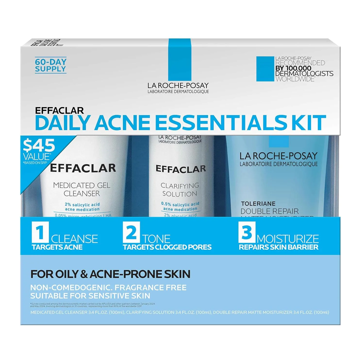 Набор Effaclar Daily Acne Essentials для лечения акне: очищающее средство с салициловой кислотой, тоник для сужения пор и матирующий увлажняющий крем для жирной и комбинированной кожи, без масел, запас на 2 месяца La Roche-Posay