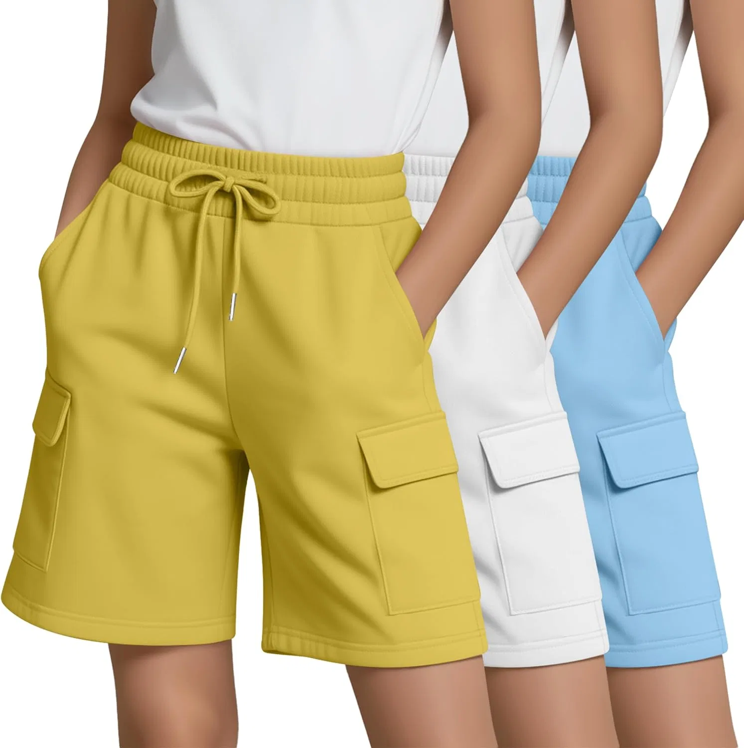 Шорты бермуды для девочек, 3 шт, LessonZoo, Light Blue, White, Yellow